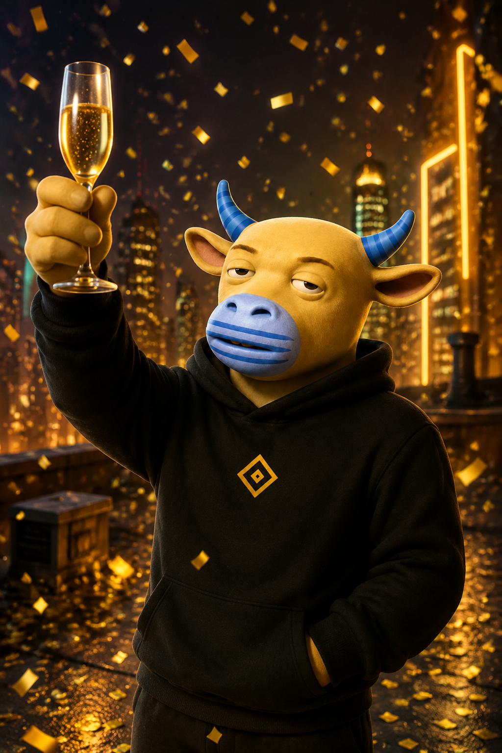 Golden bull mascot with blue horns in a neon city